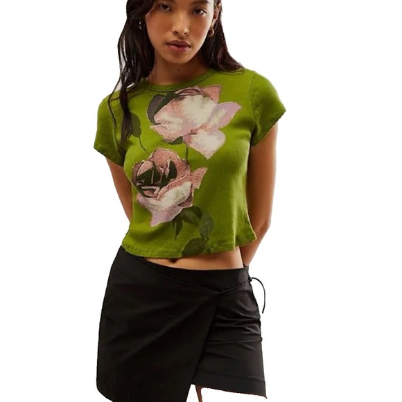 Free‎ People Daydreamer Rose Pointelle Tee Green Size Small Festival Boho - Picture 1 of 9